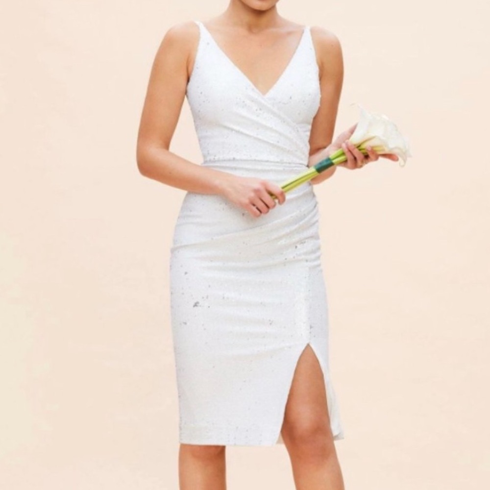 DRESS THE POPULATION JESSA WHITE RUCHED SEQUIN COCKTAIL GOWN XS - NYE DRESS!